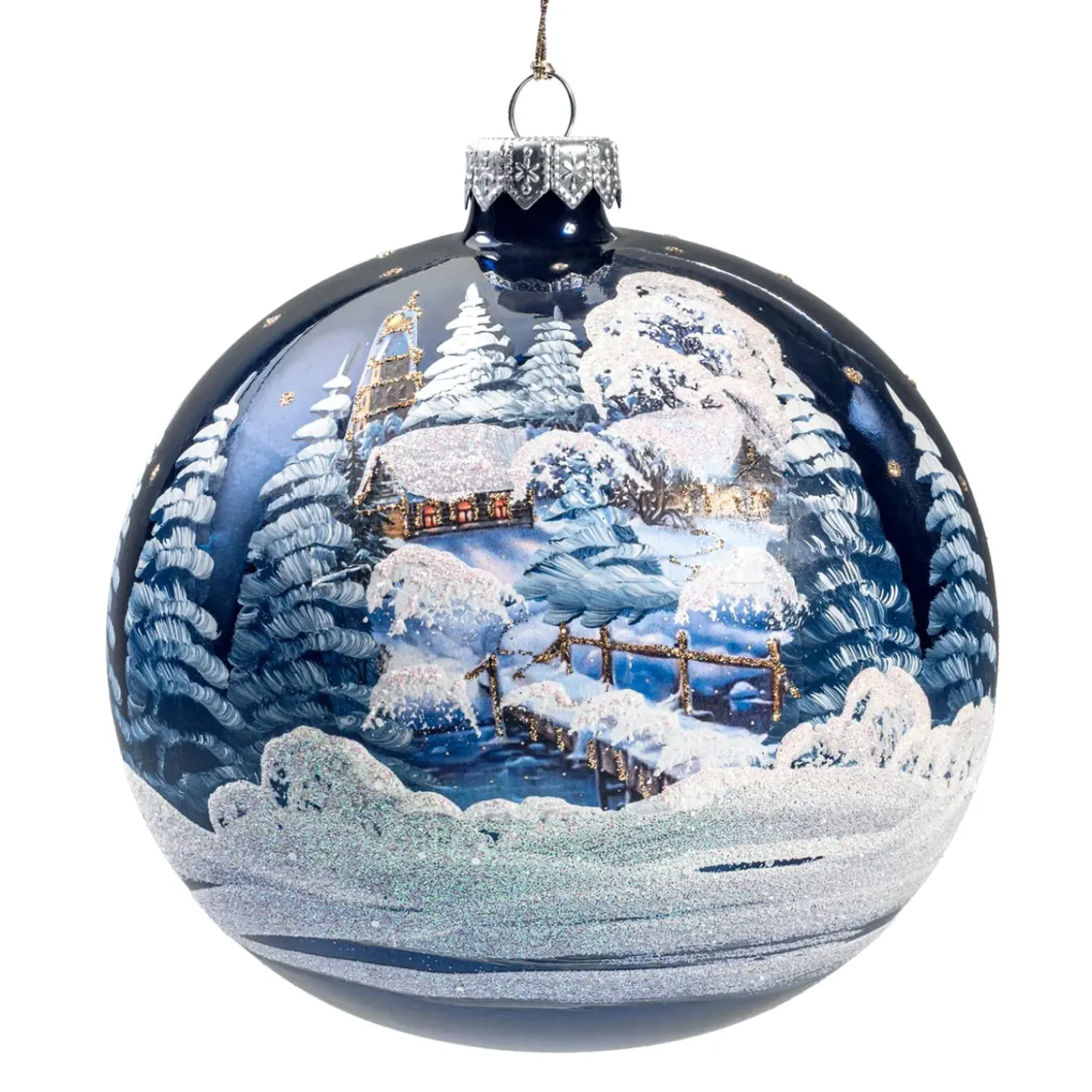 Glaskugel Blau Kirche Im Winter, 12 Cm